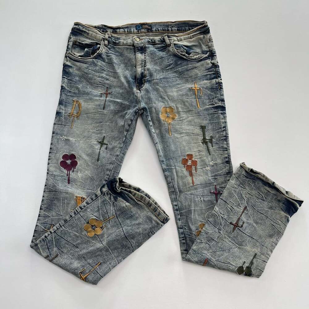 Regal Exchange Embroidered Jeans Size 40 Blue Acid Wash Denim